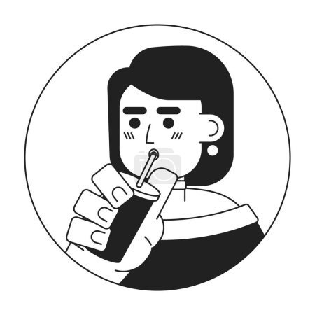Illustration for Stylish caucasian young adult woman sipping straw black and white 2D vector avatar illustration. Coffee enjoying college girl outline cartoon character face isolated. Drinking milkshake flat portrait - Royalty Free Image