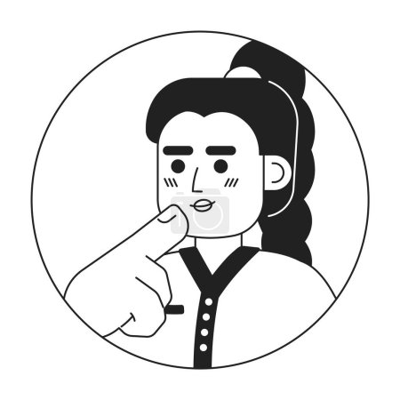 Illustration for Braided ponytail caucasian girl stroking chin black and white 2D vector avatar illustration. Braid european woman thinking hard outline cartoon character face isolated. Choice making flat portrait - Royalty Free Image