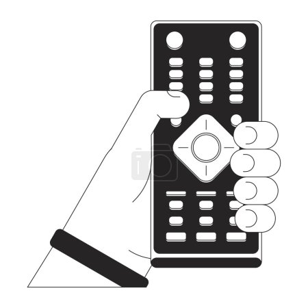 Illustration for Push button remote control cartoon human hand outline illustration. Program change equipment 2D isolated black and white vector image. Holding tv remote controller flat monochromatic drawing clip art - Royalty Free Image