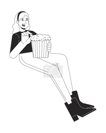 Illustration for Blonde caucasian woman eating popcorn black and white 2D line cartoon character. Watching movie in cinema girl isolated vector outline person. Entertainment show monochromatic flat spot illustration - Royalty Free Image