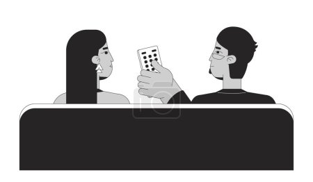 Illustration for Arab couple watching tv black and white 2D line cartoon characters. Middle eastern beard man clicking remote control isolated vector outline people. Switch channel monochromatic flat spot illustration - Royalty Free Image