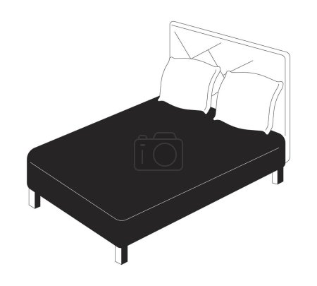Ilustración de Cabecero cama doble blanco y negro 2D línea de dibujos animados objeto. Sábanas negras tamaño queen cama aislado vector contorno elemento. Muebles de cama cómodos con almohadas ilustración plana monocromática - Imagen libre de derechos