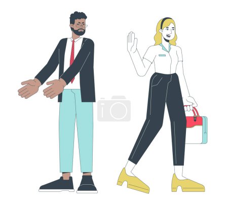 Illustration for Leaving office on time line cartoon flat illustration. Work life balance woman gen z, angry older manager 2D lineart characters isolated on white background. Quiet quitting scene vector color image - Royalty Free Image