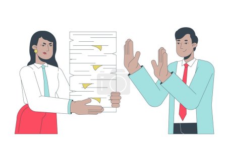 Illustration for No to unreasonable workload line cartoon flat illustration. Gen z employee refusing overwork from disappointed manager 2D lineart characters isolated on white background. Say no vector color image - Royalty Free Image
