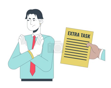Illustration for Rejecting extra task 2D linear illustration concept. Asian gen z employee refuses assignment from boss cartoon characters isolated on white. No enthusiasm metaphor abstract flat vector outline graphic - Royalty Free Image