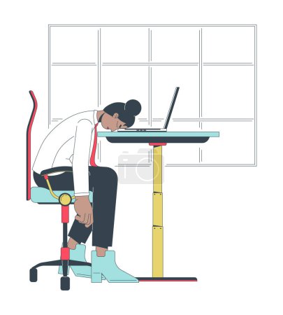 Illustration for Work overload line cartoon flat illustration. Black female worker head down on desk 2D lineart character isolated on white background. Frustrated employee. Burnout syndrome scene vector color image - Royalty Free Image
