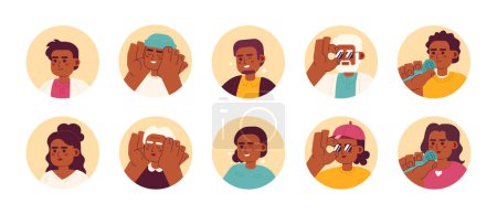 Téléchargez les illustrations : Ensemble d'illustrations d'avatars vectoriels 2D noirs modernes. Afro-américain personnage de bande dessinée heureux visage collection de portraits. Des images de profil d'utilisateurs joliment plates isolées sur fond blanc - en licence libre de droit