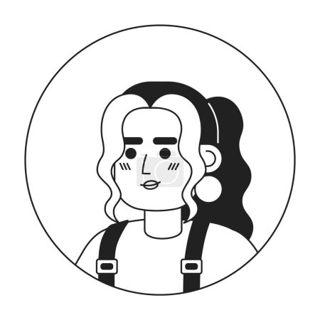 Illustration for Curly hair latina girl relaxed smiling black and white 2D vector avatar illustration. Posing latin american young adult woman outline cartoon character face isolated. Casual headshot flat portrait - Royalty Free Image