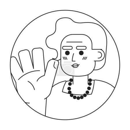 Illustration for Senior mexican lady saying hi hello black and white 2D vector avatar illustration. Goodbye happy elderly latina outline cartoon character face isolated. Non verbal acknowledge flat portrait - Royalty Free Image