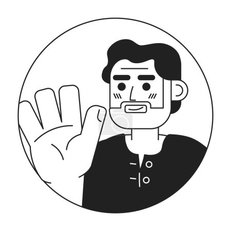 Illustration for Hispanic old man waving hand greeting black and white 2D vector avatar illustration. Handwave bearded elderly mexican guy outline cartoon character face isolated. Welcome gesturing flat portrait - Royalty Free Image
