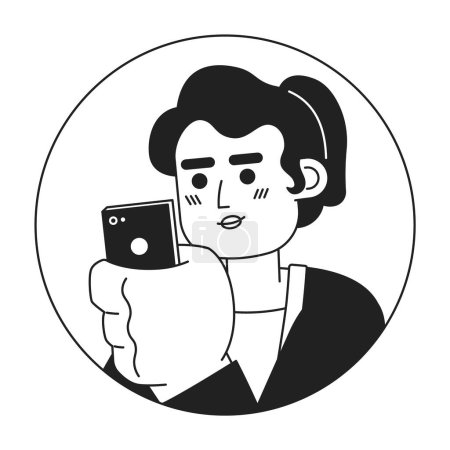 Illustration for Smartphone woman hispanic mid adult black and white 2D vector avatar illustration. Phone scrolling latina professional outline cartoon character face isolated. Mobile internet user flat portrait - Royalty Free Image