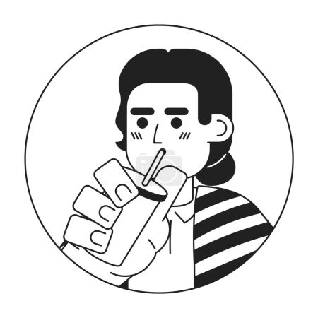 Illustration for Serape mexican man drinking through straw black and white 2D vector avatar illustration. Holding coffee takeaway latino male outline cartoon character face isolated. Mexican identity flat portrait - Royalty Free Image