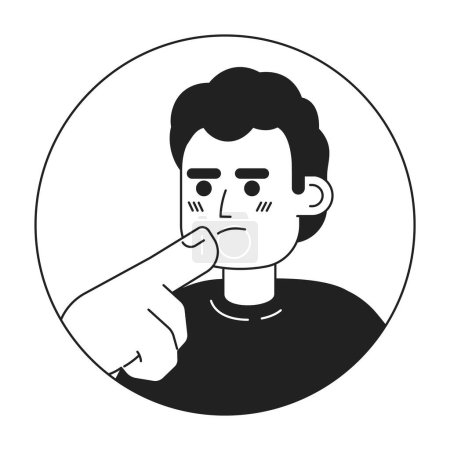 Illustration for Spanish latin american male touching chin black and white 2D vector avatar illustration. Curly hair latino guy thoughts staring outline cartoon character face isolated. Making decision flat portrait - Royalty Free Image