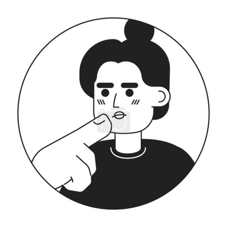 Illustration for Top knot bun latina woman stroking chin black and white 2D vector avatar illustration. Hispanic girl thinking hard outline cartoon character face isolated. Choice making. Hand gesture flat portrait - Royalty Free Image