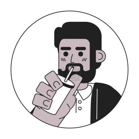 Illustration for Bearded black guy drinking straw black and white 2D vector avatar illustration. Holding coffee male with beard outline cartoon character face isolated. Smoothie man african american flat portrait - Royalty Free Image