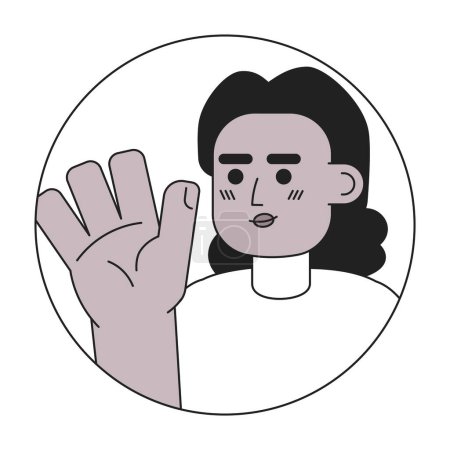 Illustration for African american mid adult woman saying hi hello black and white 2D vector avatar illustration. Goodbye happy black female outline cartoon character face isolated. Nonverbal acknowledge flat portrait - Royalty Free Image