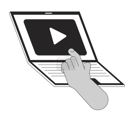 Illustration for Watching streaming platform on laptop cartoon human hand outline illustration. Use video player on notebook 2D isolated black and white vector image. Entertainment flat monochromatic drawing clip art - Royalty Free Image