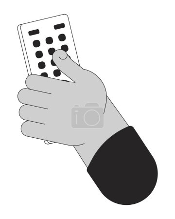 Illustration for Holding tv remote control cartoon human hand outline illustration. Program switch on television 2D isolated black and white vector image. Changing channels device flat monochromatic drawing clip art - Royalty Free Image