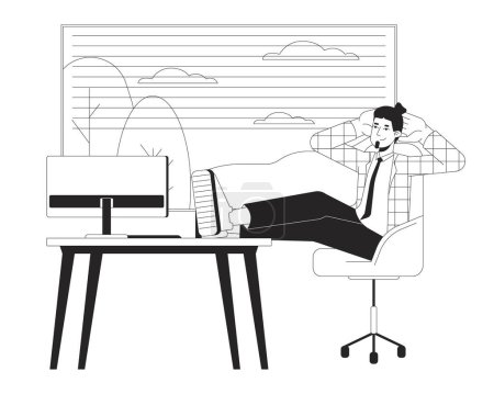 Illustration for Resting more at work black and white cartoon flat illustration. Caucasian male office worker putting legs on table 2D lineart character isolated. Quiet quitting monochrome scene vector outline image - Royalty Free Image