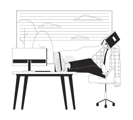 Illustration for Doing bare minimum at work black and white cartoon flat illustration. Low-engagement worker putting feet on table 2D lineart character isolated. Quiet quitting monochrome scene vector outline image - Royalty Free Image