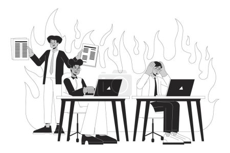 Illustration for Coping with stress at work black and white 2D illustration concept. Relaxed employee and colleagues under pressure cartoon outline characters isolated on white. Burnout metaphor monochrome vector art - Royalty Free Image
