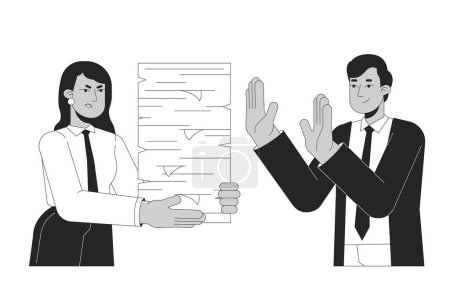 Illustration for No to unreasonable workload black and white cartoon flat illustration. Gen z employee refusing overwork from disappointed manager 2D lineart characters isolated. Say no monochrome vector outline image - Royalty Free Image