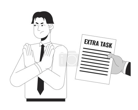 Illustration for Rejecting extra task black and white 2D illustration concept. Gen z employee refuses assignment from boss cartoon outline characters isolated on white. No enthusiasm metaphor monochrome vector art - Royalty Free Image