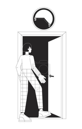 Illustration for Refusing to work overtime black and white 2D illustration concept. Gen z woman avoiding working longer hours cartoon outline character isolated on white. Workday end metaphor monochrome vector art - Royalty Free Image