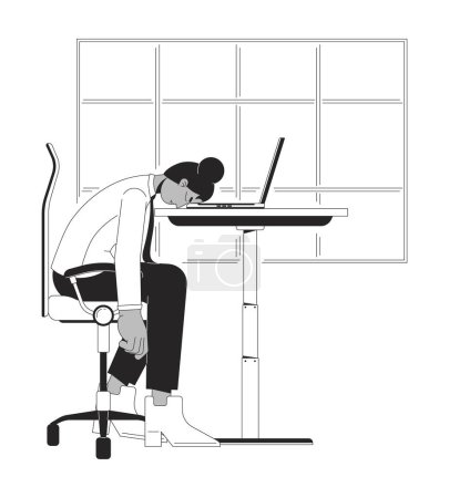 Illustration for Work overload black and white cartoon flat illustration. Black woman worker head down on desk 2D lineart character isolated. Frustrated employee. Burnout syndrome monochrome scene vector outline image - Royalty Free Image