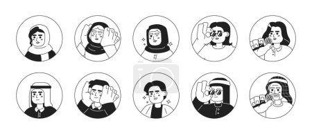 Illustration for Modern arabic people black and white 2D vector avatars illustration set. Saudi, muslim hijab outline cartoon character faces isolated. Enjoying life flat users profile images collection, portraits - Royalty Free Image