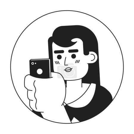 Téléchargez les illustrations : Smartphone femme asiatique-américain noir et blanc vecteur 2D avatar illustration. Téléphone défilement fille coréen cheveux teints contour personnage de dessin animé visage isolé. Portrait plat de l'internaute mobile - en licence libre de droit