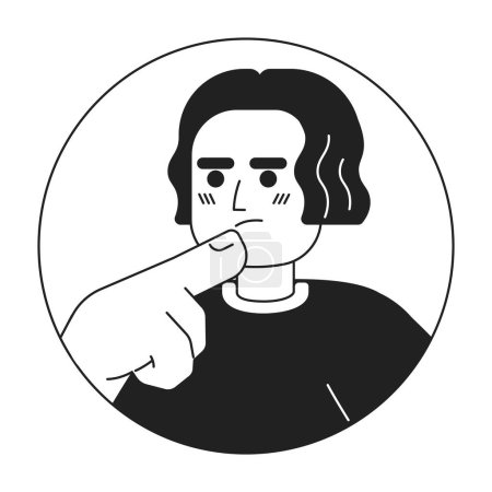 Illustration for Korean young adult man touching chin black and white 2D vector avatar illustration. Asian college student male thoughts staring outline cartoon character face isolated. Making decision flat portrait - Royalty Free Image