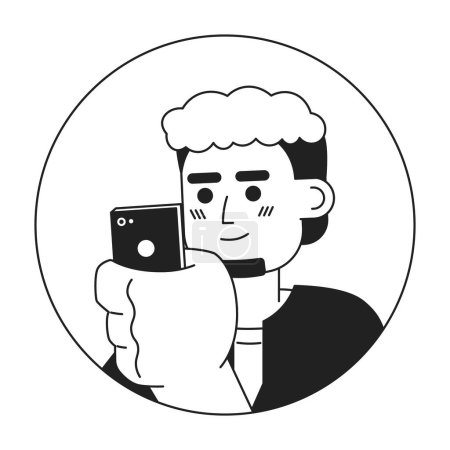 Illustration for Bearded south asian man looking at phone black and white 2D vector avatar illustration. Holding mobile hipster indian beard outline cartoon character face isolated. Social media user flat portrait - Royalty Free Image
