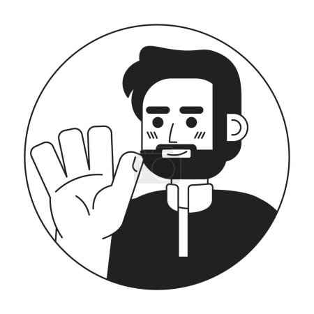 Illustration for Indian bearded senior man waving hand greeting black and white 2D vector avatar illustration. Handwave elderly south asian guy outline cartoon character face isolated. Welcome gesturing flat portrait - Royalty Free Image