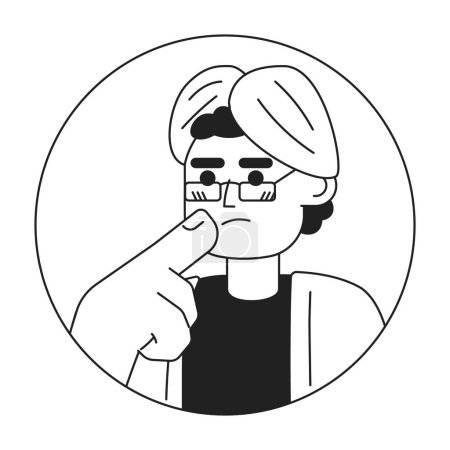 Illustration for Eyeglasses turban man touching chin black and white 2D vector avatar illustration. Hindu guy thoughts staring outline cartoon character face isolated. Making decision. Body language flat portrait - Royalty Free Image