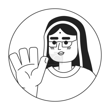 Illustration for Mid adult hindu woman saying hi hello black and white 2D vector avatar illustration. Goodbye happy eyeglasses lady bindi outline cartoon character face isolated. Non verbal acknowledge flat portrait - Royalty Free Image