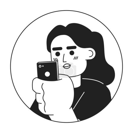 Ilustración de Mujer Smartphone indio casual negro y blanco 2D vector avatar ilustración. Teléfono desplazándose sur asiático joven adulto femenino contorno caricatura carácter cara aislada. Usuario móvil retrato plano - Imagen libre de derechos