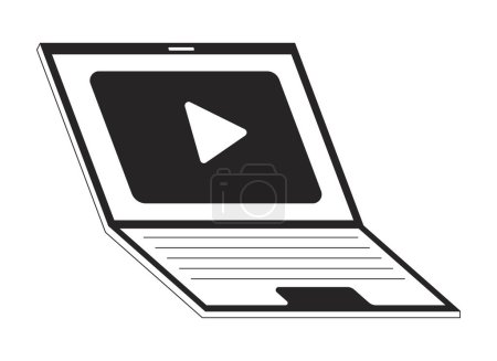 Ilustración de Reproductor de vídeo en el ordenador portátil blanco y negro 2D línea de dibujos animados objeto. Portátil plataforma de streaming elemento de contorno vectorial aislado. Aplicación de transmisión en vivo en la ilustración plana monocromática portátil del ordenador - Imagen libre de derechos