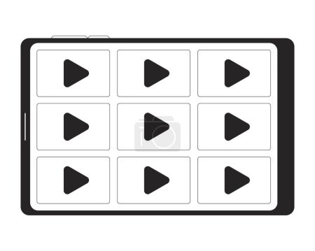 Ilustración de Tablet ordenador con plataforma de streaming en blanco y negro 2D línea de dibujos animados objeto. Películas, canales de vídeo tableta pantalla aislado elemento contorno vectorial. Serie reloj monocromático plano punto ilustración - Imagen libre de derechos