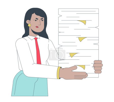 Illustration for Demanding boss delegating more tasks 2D linear cartoon character. Annoyed indian female manager isolated line vector person white background. Holding papers pile color flat spot illustration - Royalty Free Image