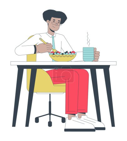 Ilustración de Empleado latino comiendo comida saludable personaje de dibujos animados lineales 2D. Hombre latinoamericano trabajador de oficina aislado línea vector persona fondo blanco. Almuerzo de la empresa color plano punto ilustración - Imagen libre de derechos