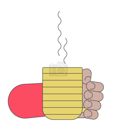 Illustration for Holding steamed cup linear cartoon character hand illustration. Drinking coffee outline 2D vector image, white background. Mug holding. Enjoying tea tasty beverage editable flat color clipart - Royalty Free Image