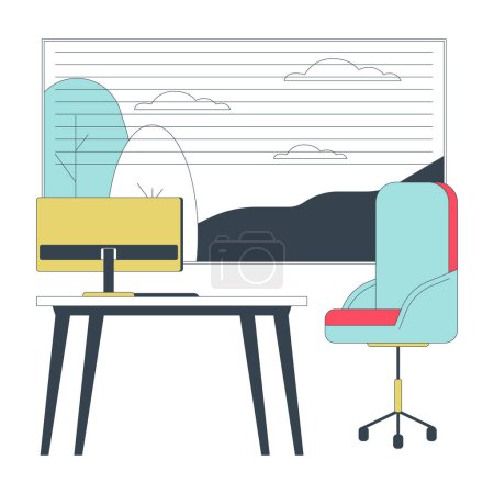Ilustración de Lugar de trabajo cómodo objeto de dibujos animados lineal 2D. Mesa de espacio de trabajo con ruedas de silla de oficina cerca de ventana aislado elemento vector línea fondo blanco. Muebles tecnología color plano punto ilustración - Imagen libre de derechos