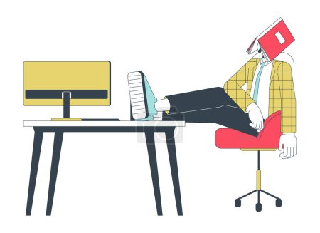 Ilustración de Trabajador de oficina siesta en el lugar de trabajo 2D personaje de dibujos animados lineales. Hombre adulto joven caucásico aislado línea vector persona fondo blanco. Libro de dormir sobre cara color plano punto ilustración - Imagen libre de derechos