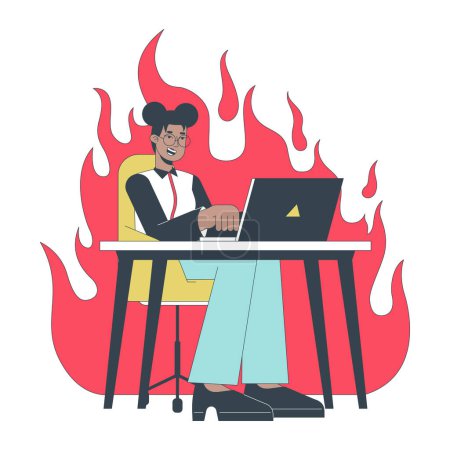 Illustration for Gen z employee demonstrating passion at work 2D linear cartoon character. Female office worker at burning workspace isolated line vector person white background. Excited color flat spot illustration - Royalty Free Image