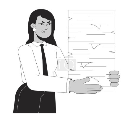 Illustration for Demanding boss delegating more tasks black and white 2D line cartoon character. Annoyed indian female manager isolated vector outline person. Holding papers pile monochromatic flat spot illustration - Royalty Free Image