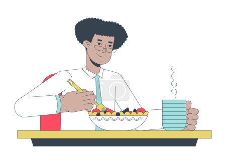 Illustration for Hispanic white collar worker eating salad 2D linear cartoon character. Eyeglasses latino man work lunch isolated line vector person white background. Vegetarian employee color flat spot illustration - Royalty Free Image