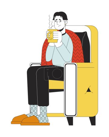 Illustration for Treating flu at home line cartoon flat illustration. Asian sick man drinking tea in armchair 2D lineart character isolated on white background. Warming up, staying hydrated scene vector color image - Royalty Free Image
