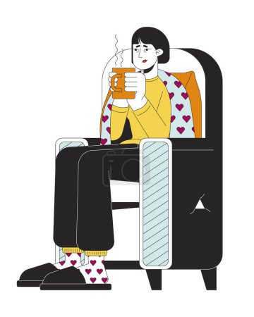 Illustration for Home treatment influenza line cartoon flat illustration. Korean woman with hot drink sitting in comfy armchair 2D lineart character isolated on white background. Healing tea scene vector color image - Royalty Free Image