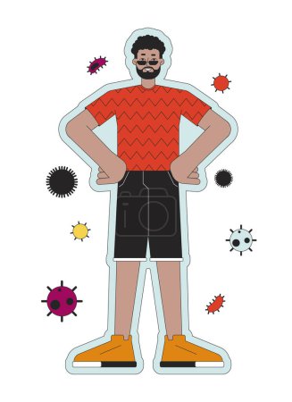 Illustration for Boosting immune system 2D linear illustration concept. Black adult man resistant cartoon character isolated on white. Protection against influenza virus metaphor abstract flat vector outline graphic - Royalty Free Image